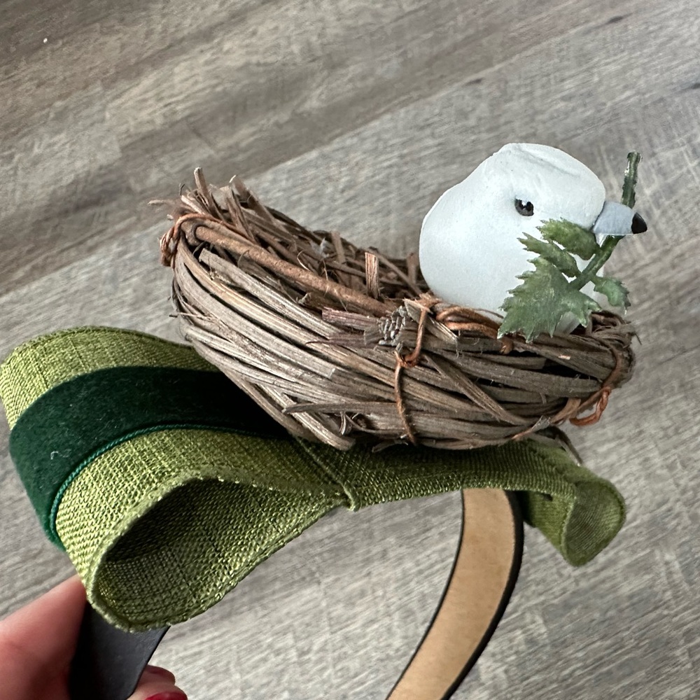 Handmade Designer Fascinator Headband Black Green White Bird Nest